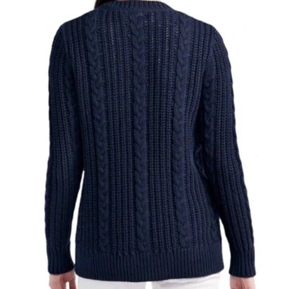 L.L.Bean Women’s Rope Stitch Shaker Cardigan Cotton Cableknit Navy Large NEW - Picture 6 of 8